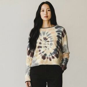 Brodie Cashmere Tie-Dye Crew Neck Sweater - Cream, Gray, Brown